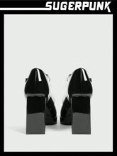Sugerpunk New Black Lacquered Leather Thick High Heel Platform Mary Jane Shoes, Versatile Fashion Fall